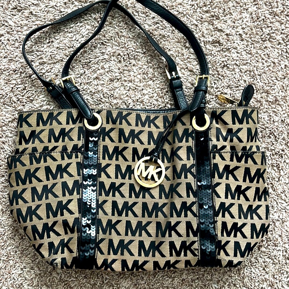 Black and tan Michael Kors signature logo tote bag